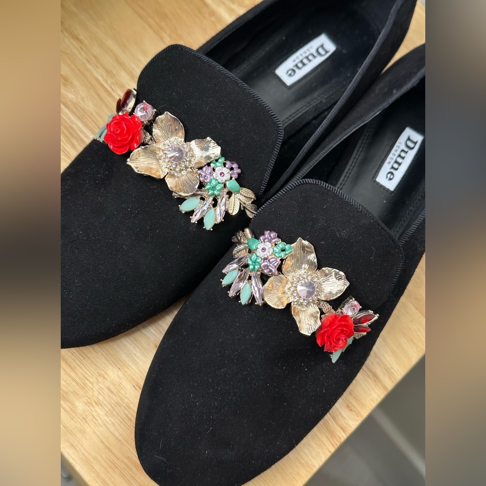 Dune London Black Suede Flats with Gold Floral Jewels and Red Roses